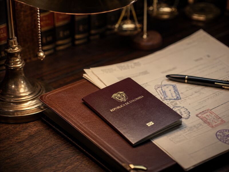 Colombian passport and stamped documents on a lawyer's desk