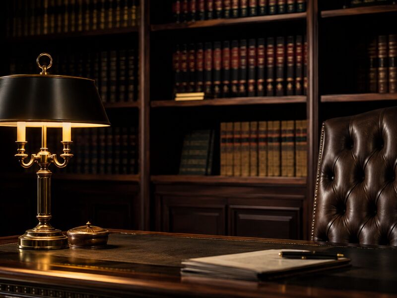 Law library with brass lamp and leather chair